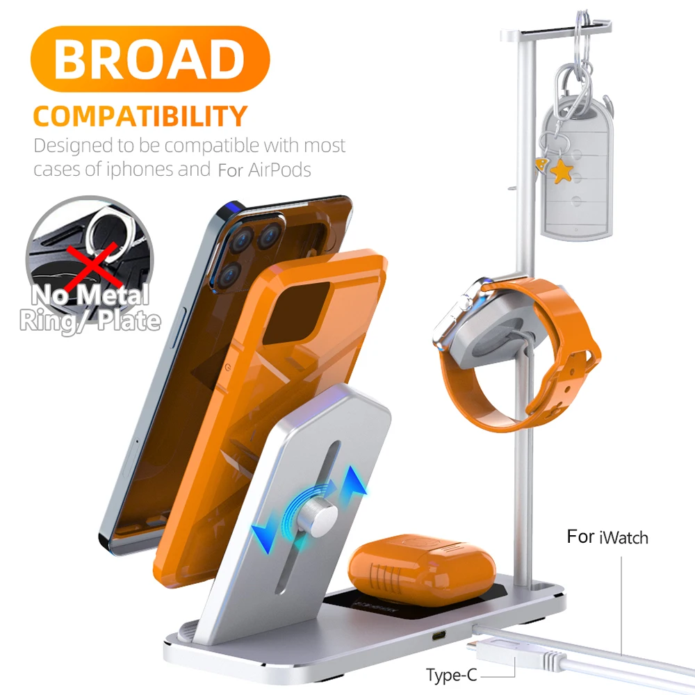 

4 in 1 Wireless Charger Aluminum Alloy Magnetic Qi Phone Charger Stand Earbuds Charging Pad Mat for iPhone 12 Watch