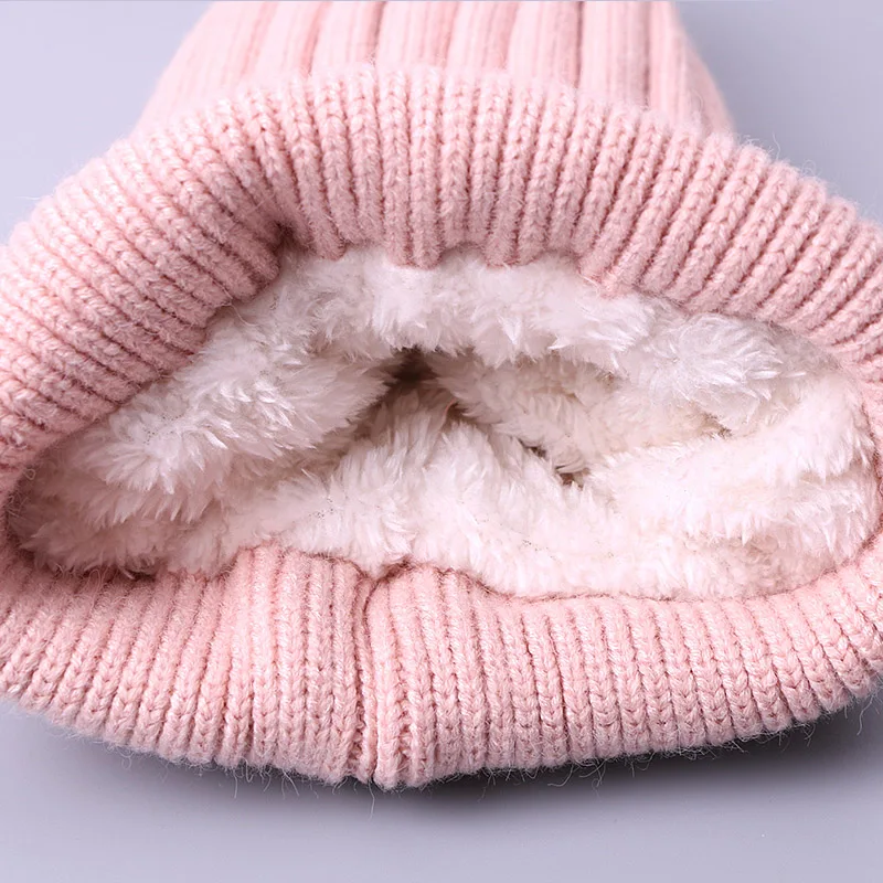 Winter Children Fleece Lined Beanie Hat With Real Fur Pompon Knitted Warm Thick Caps For Solid Color Outdoor Kids Bonnets | Аксессуары