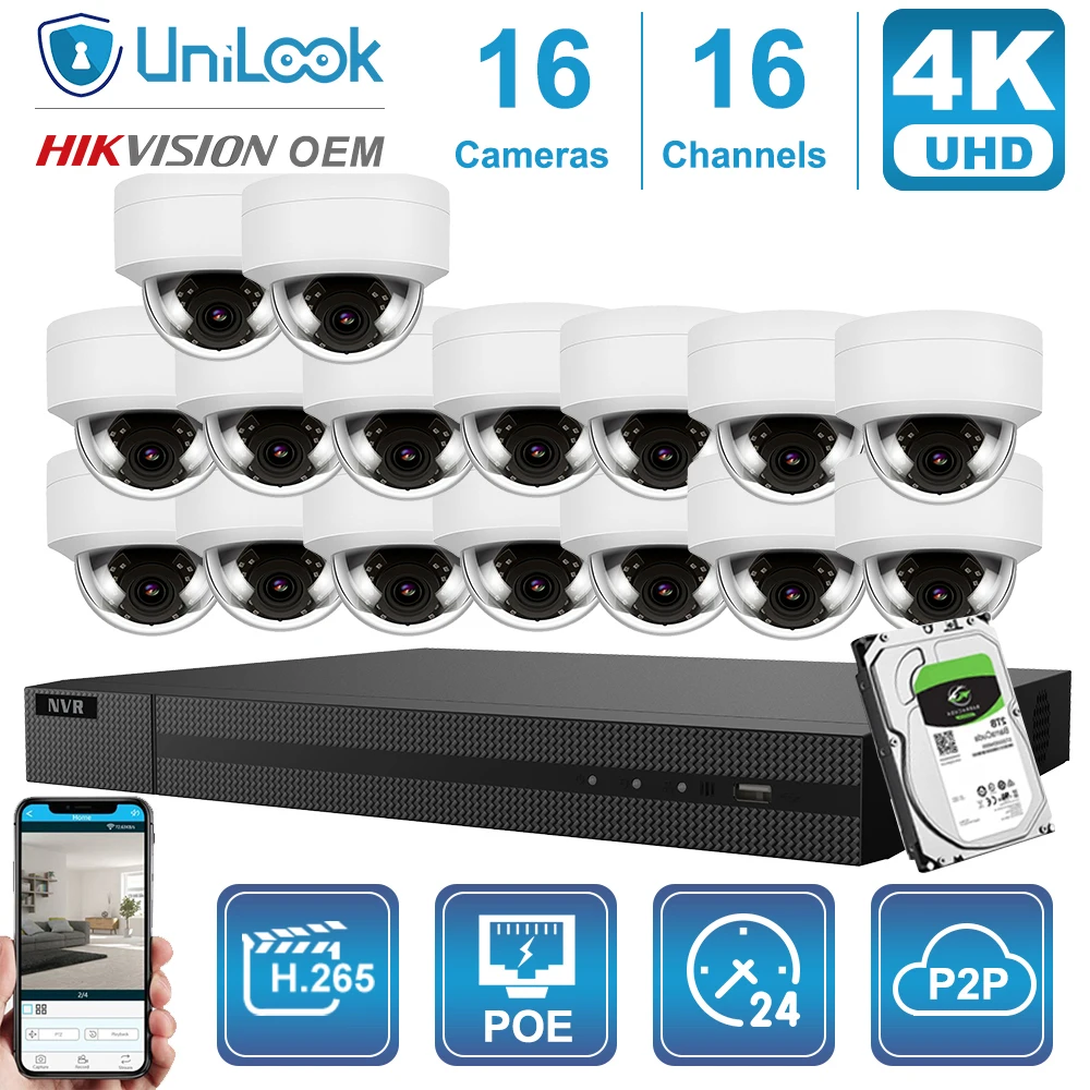 UnILook 16CH NVR 8/10/12/16 шт 4K 8MP POE IP камера комплект система безопасности аудио ночное
