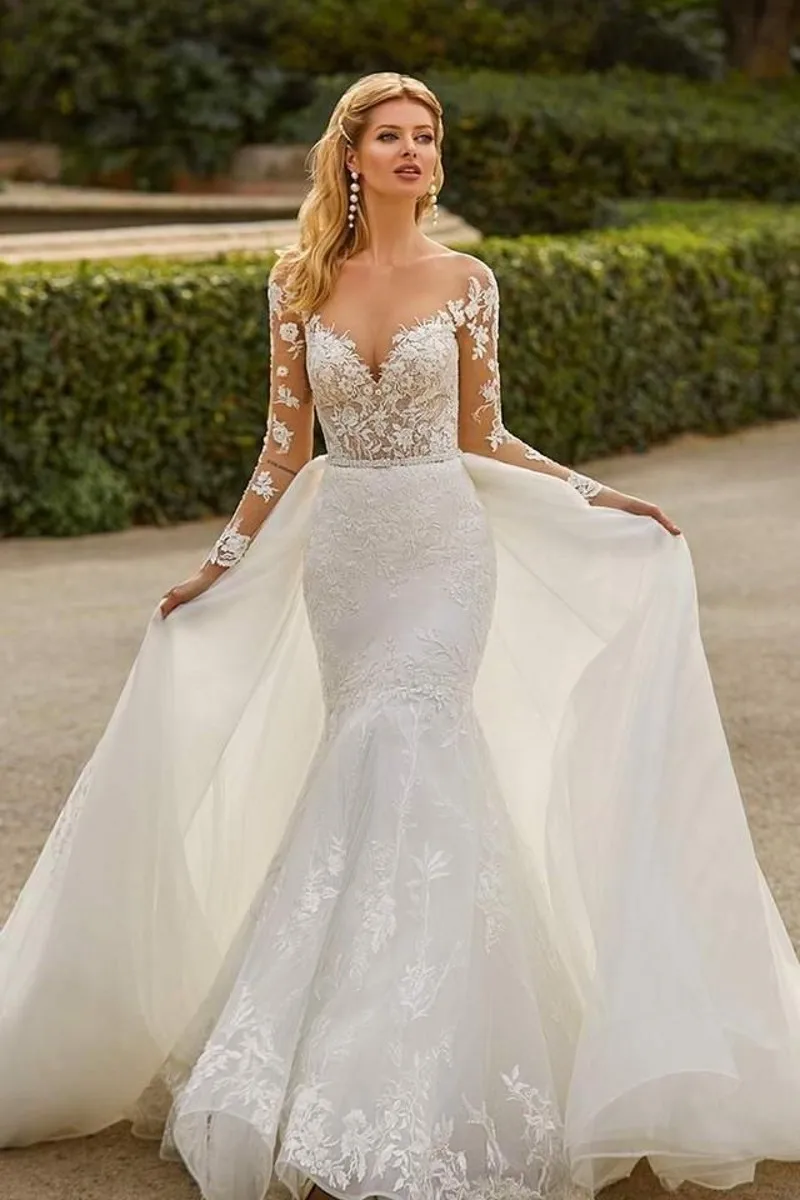 Женское свадебное платье Русалка со съемным шлейфом с кружевной аппликацией и