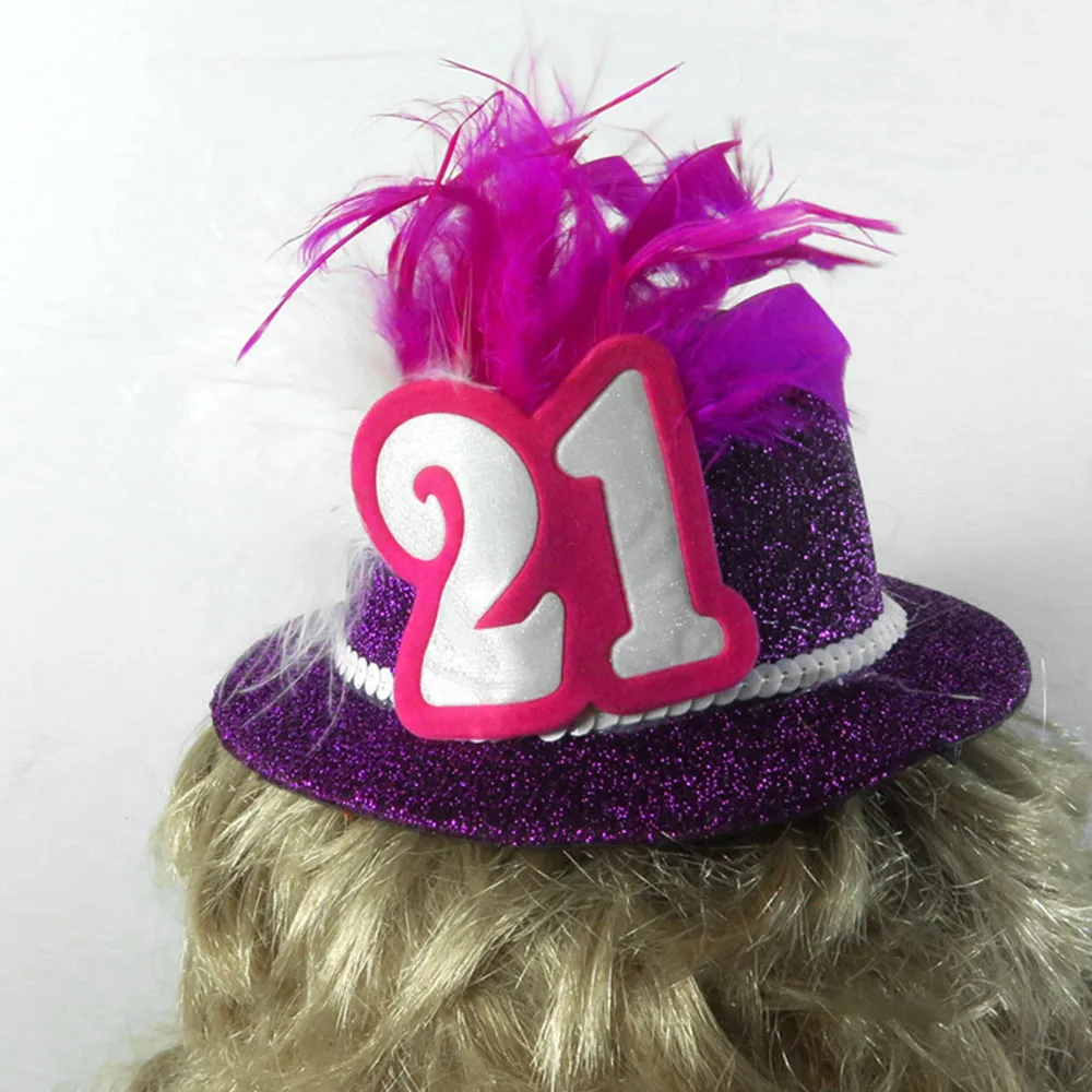 

2021 Purple glitter Mini top party hat on hair clip Birthday princess glitter white 21 30 40 50 number feather novelty party hat