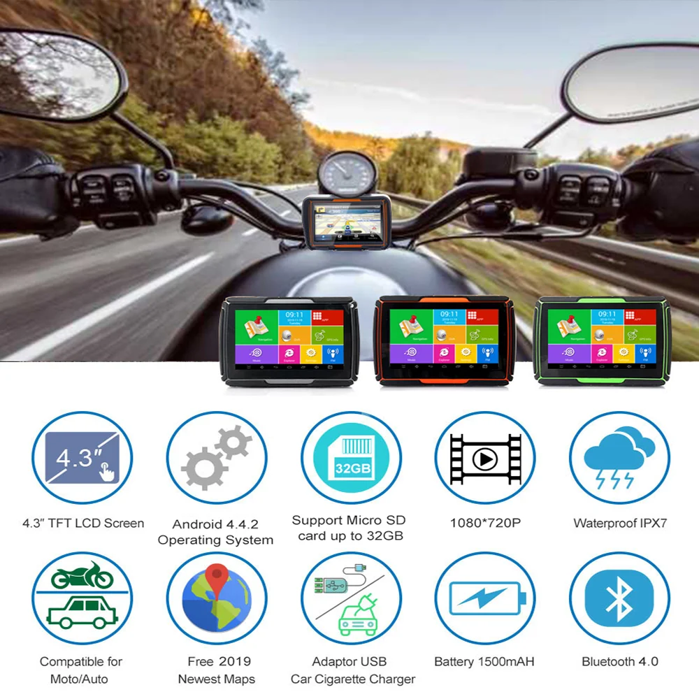 للبيع Fodsports 4.3 بوصة نظام تحديد المواقع للدراجات النارية الملاح نظام أندرويد مقاوم للماء واي فاي بلوتوث الملاحة موتو 720P عمل كاميرا خريطة مجانية