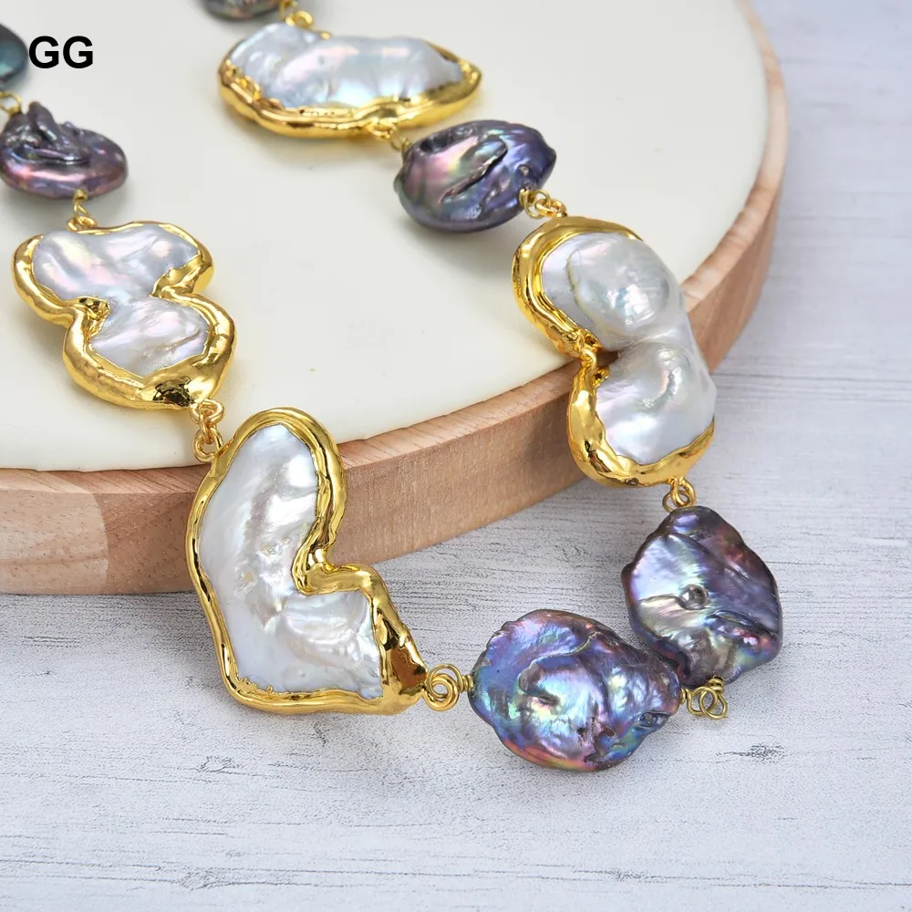 

GG Jewelry Real 19.5'' Freshwater Natural White Baroque Keshi Pearl Black Coin Keshi Pearl Gold Plated Rough Necklace