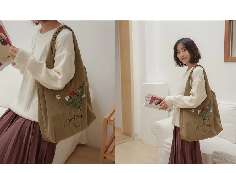 New Women Corduroy Shoulder Bag Ladies Embroidery Canvas Shopping Bags Female Eco Cotton Cloth Handbag Foldable Tote - Цвет: B