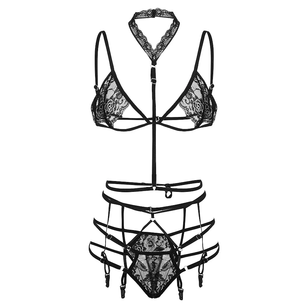 Сексуальное нижнее белье женский сексуальный кружевной комплект из 3 предметов с