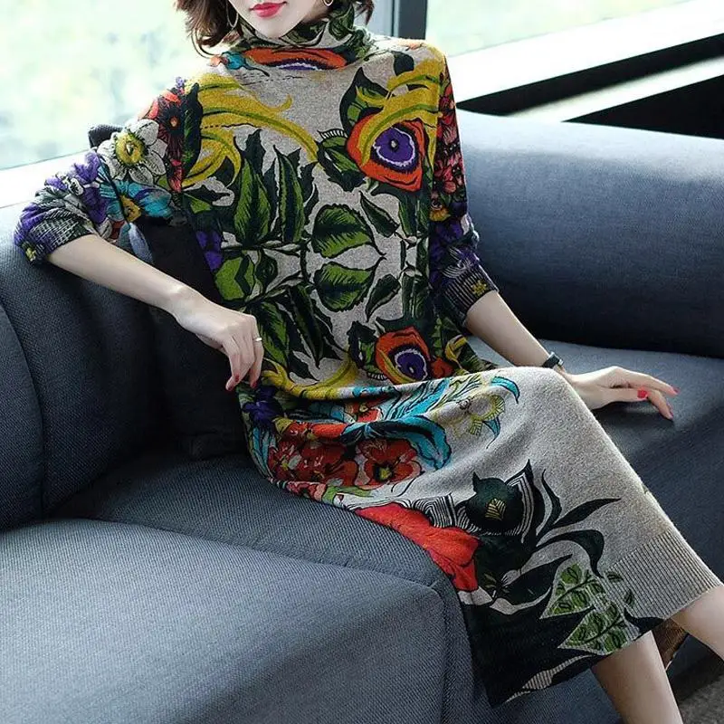 Зима Осень Женский водолазка пуловер Длинный разрез вязаный шерстяной свитер