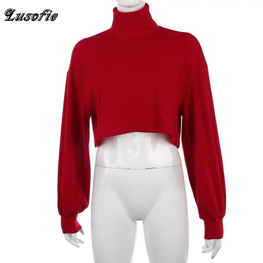 Lusofie осенний Новый красный свитер с длинным рукавом и высоким воротником