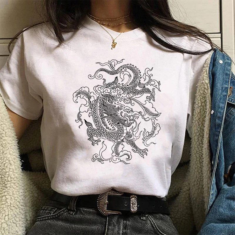 Dragon pattern printing Streetwear Tops Women Ulzzang Harajuku Kawaii Chinese Dragon Print T Shirt Summer graphic tees women