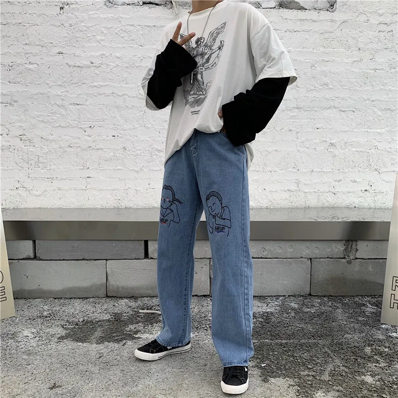 Синие джинсы мужские летние Харадзюку уличные свободные дикие печати мультфильм