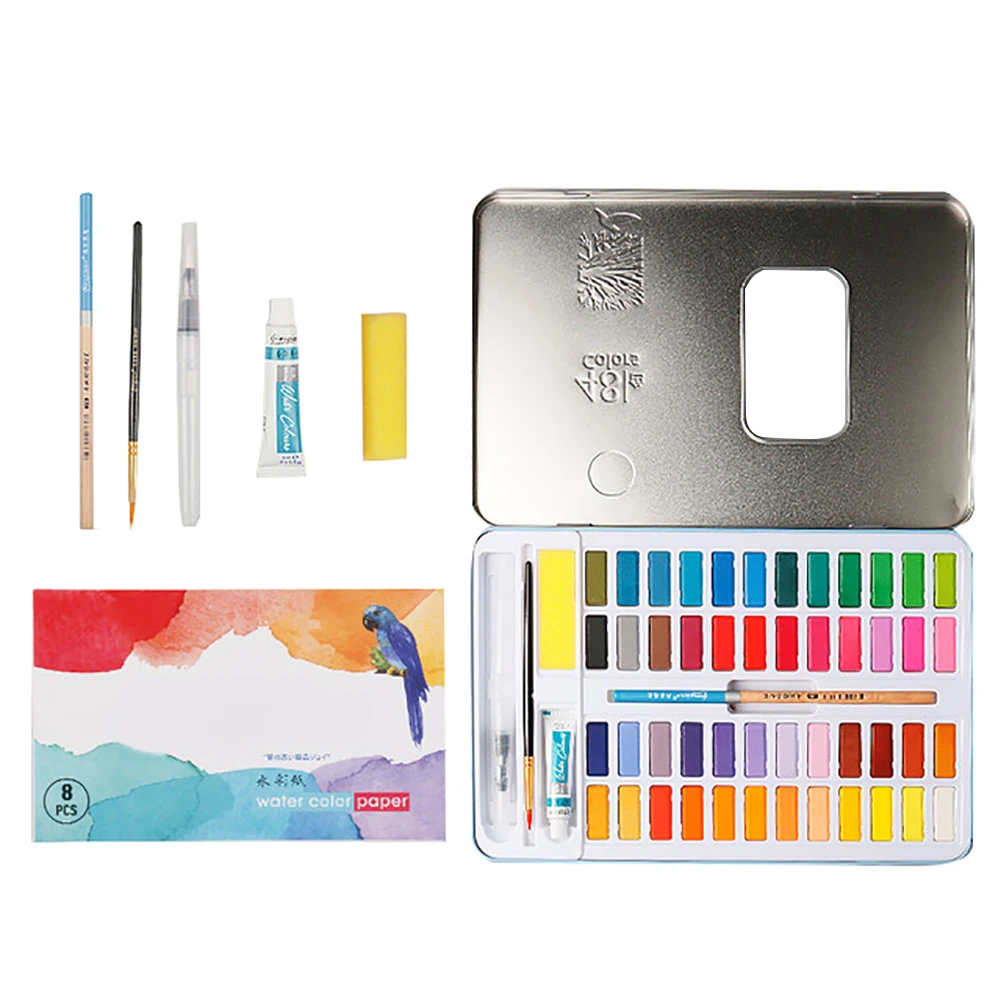 

62pcs/set Beginners Watercolor Paint Stationery Children Gifts Art Supplies Drawing Pearlescent Portable Solid Pigment 48 Colors