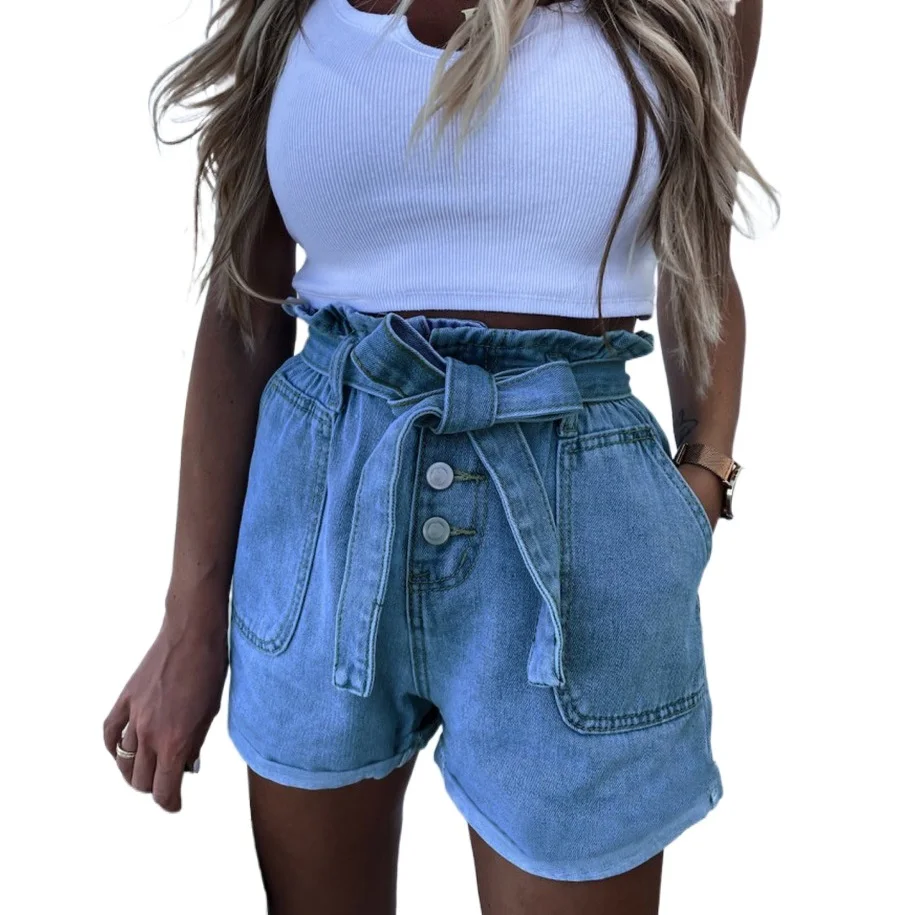 

Women Summer Bandage Denim Shorts Ladies Elastic High Waist Straight Button Jeans Shorts