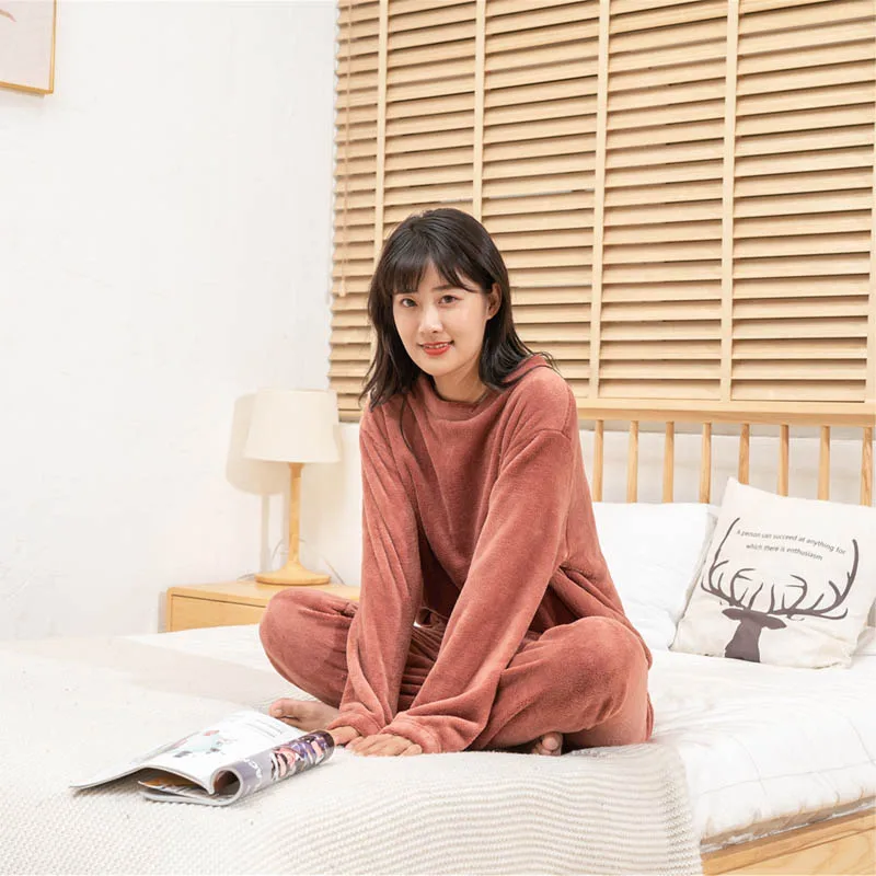 Зимние женские пижамы топ с длинными рукавами + штаны домашняя одежда утолщенная