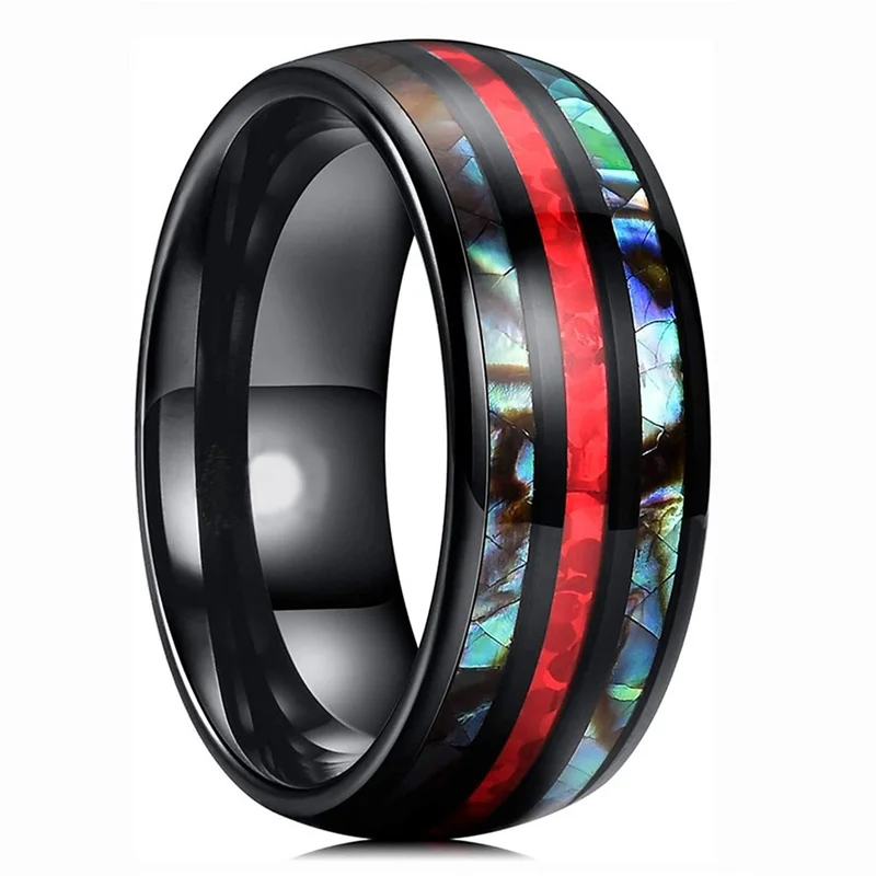

8mm Fashion Men Rings Simple Red Inlaid Abalone Shell Engagement Wedding Jewelry Anniversary Gift For Men Rings