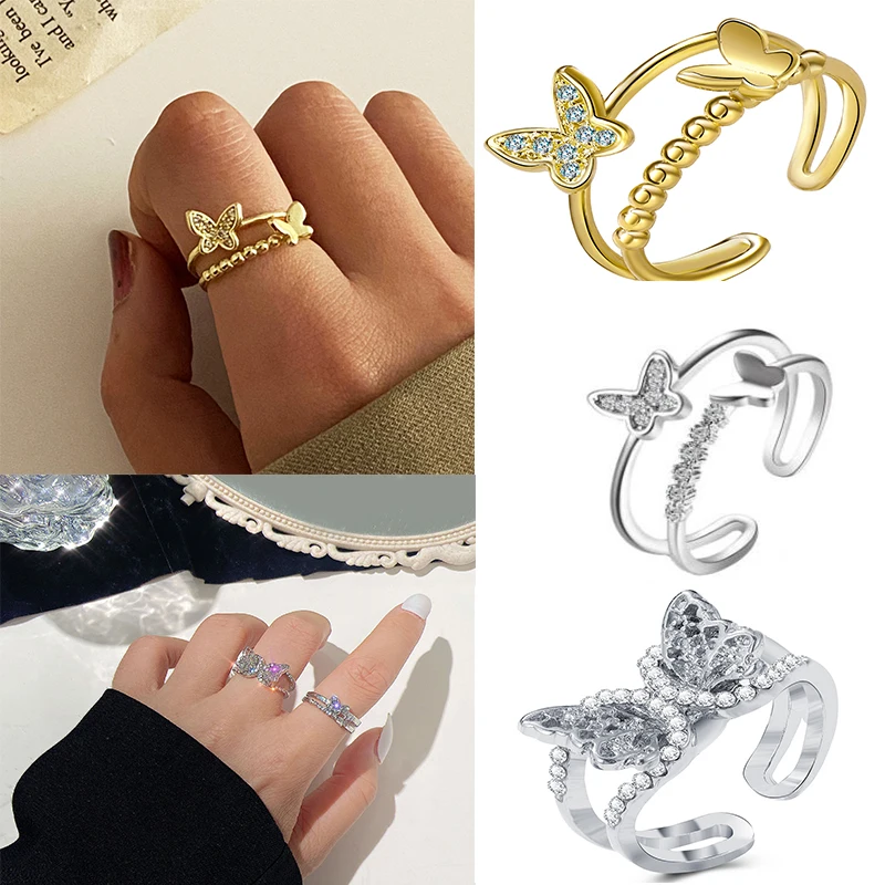 

Simple Micro-inlaid Joint Ring for Women Butterfly Double Layer Elegant Wedding Hand Jewelry Casual Hollow Open Moon Ring