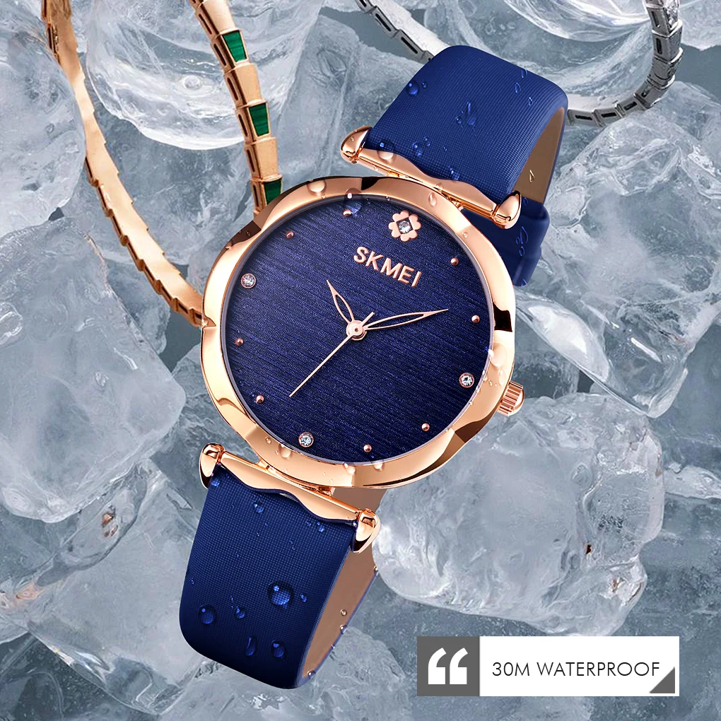 

SKMEI Elegant Quartz Watch For Women Flower Diamond Dial Lady Water Resistant Wrist Watch Red Blue Leather Strap Ladies Clock