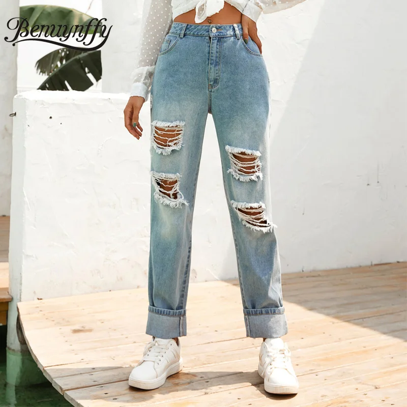 

Benuynffy Summer Vintage Boyfriend Jeans for Women 2020 Casual Washed Hole Denim Pants Streetwear Ladies High Waist Ripped Jeans