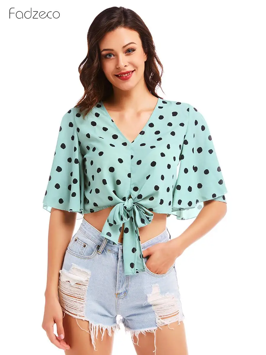 FADZECO 2019 Новая Осенняя Сексуальная рубашка с принтом в горошек шифоновый топ