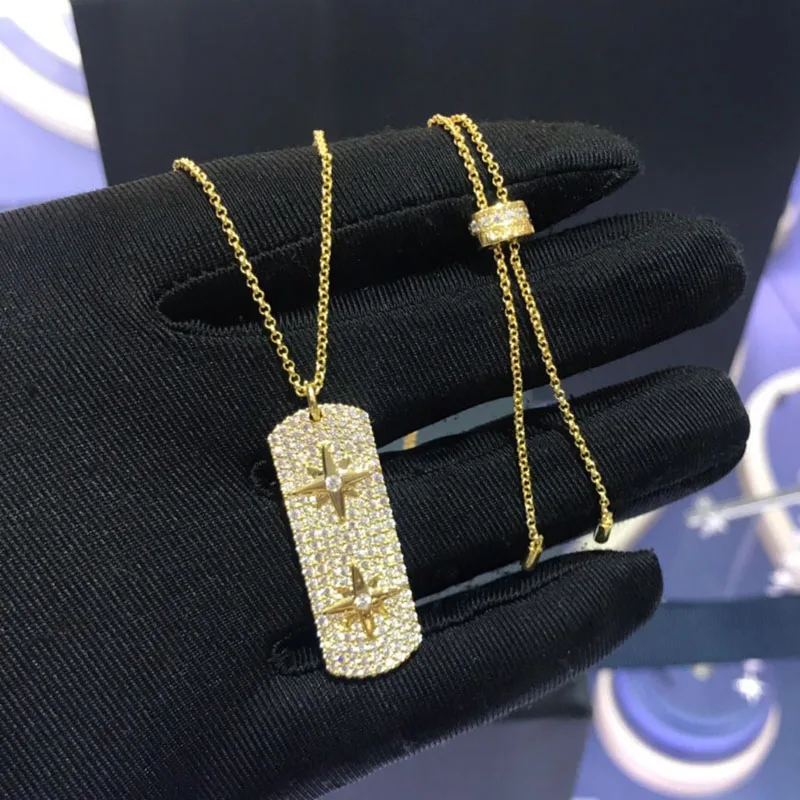 

UMGODLY Luxury Brand High QualityCopper Necklace Cubic Zirconia Yellow Gold Color Single Rectangle Carved Stars Pendant Jewelry