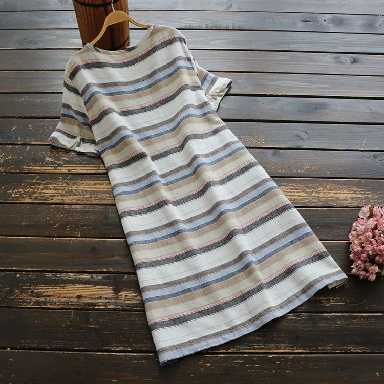 

6050New Summer Women's Cotton and Linen Artistic Loose Slimming Striped Casual round Neck Short-Sleeved Dress