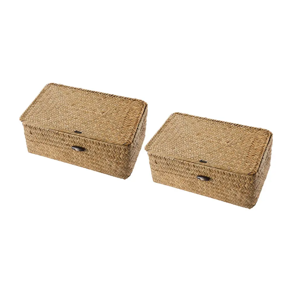 

2pcs Seaweed Woven Storage Box Basket with Lid Sundry Organizer Case Container