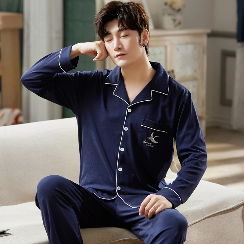 

Autumn Winter Men Pajamas Set Blue Turn-down Collar Long Sleeve Trousers Sleepwear Chinese Feihe Men Leisure Cotton Home Wear