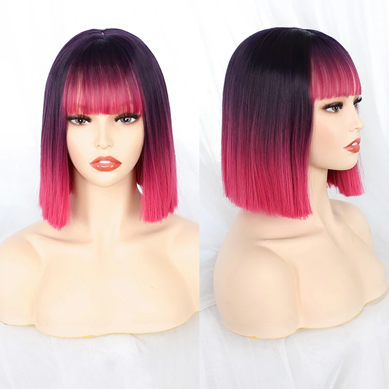 

GAKA Synthetic Pink Bob Wigs for Women Ombre Black Rose Red Cosplay Wavy Wig with Bangs Heat Resistant Short Blue Hair Natural