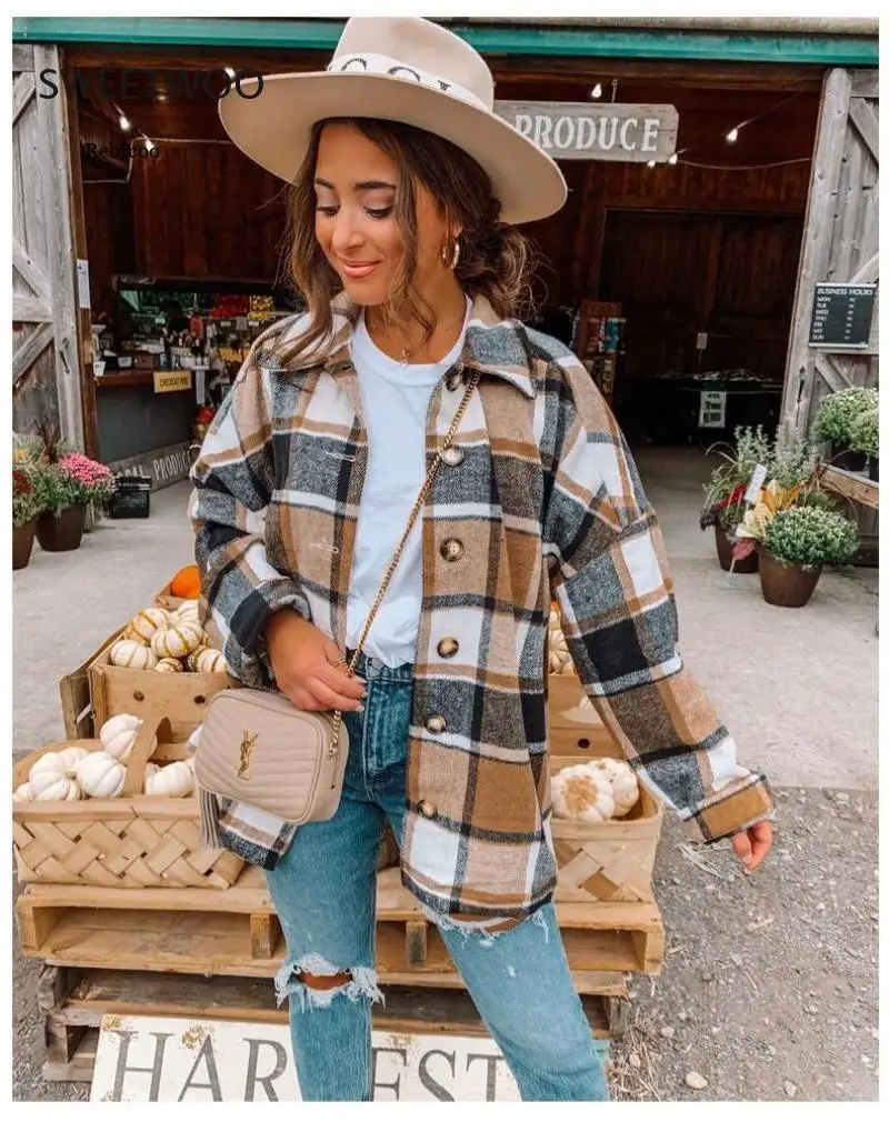 

2021Ins Autumn Street European and American Long-Sleeved Lapel Loose-Fitting Women's Plaid Shirt Mid-Length Jacket