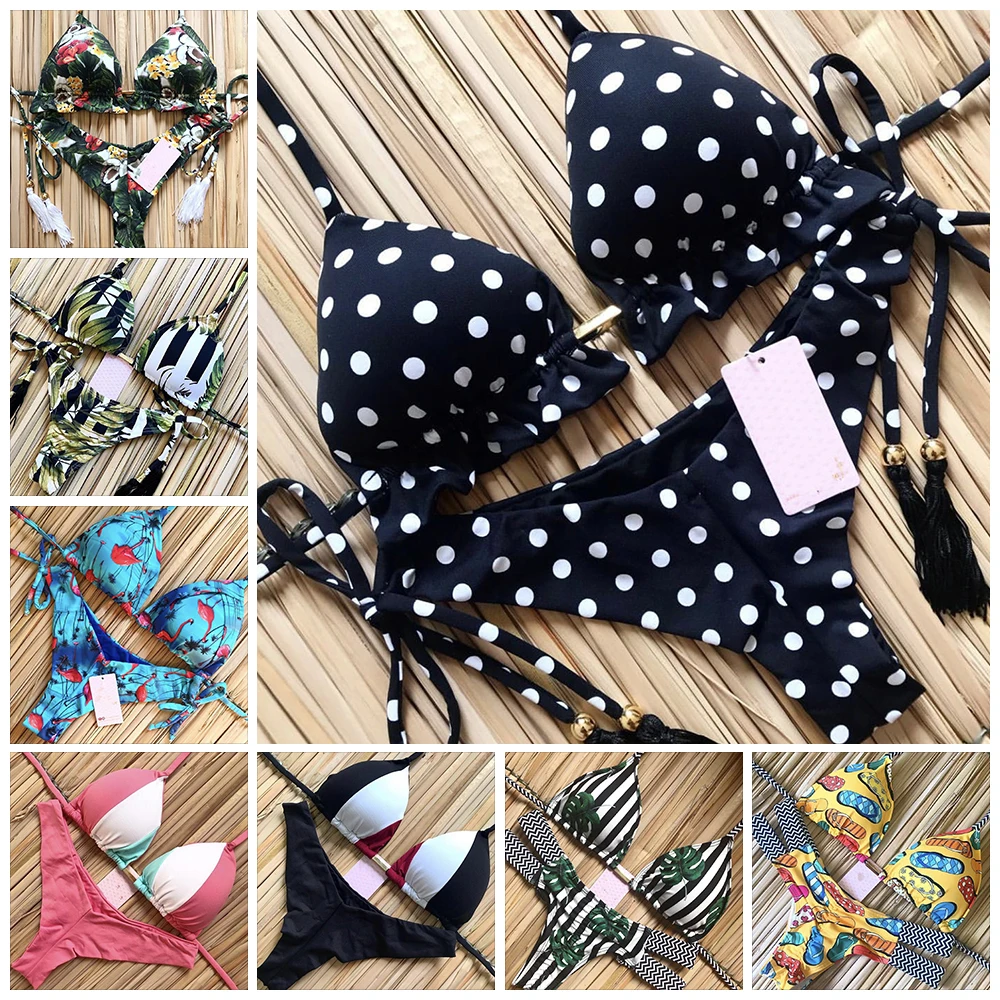 2019 горячий сексуальный купальник бикини с рисунком женский ремешками пуш ап