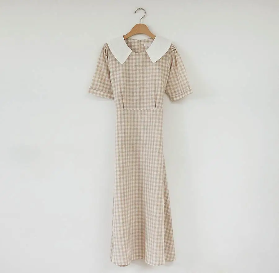 Женское клетчатое платье летнее до колена в стиле бохо с коротким рукавом и