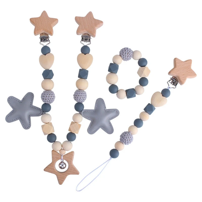 

Wooden Teether Baby Play Gym Pacifier Clip Chain Silicone Beads Dummy Clip Baby Teether Stroller Toys Pram Chain Clip Bell