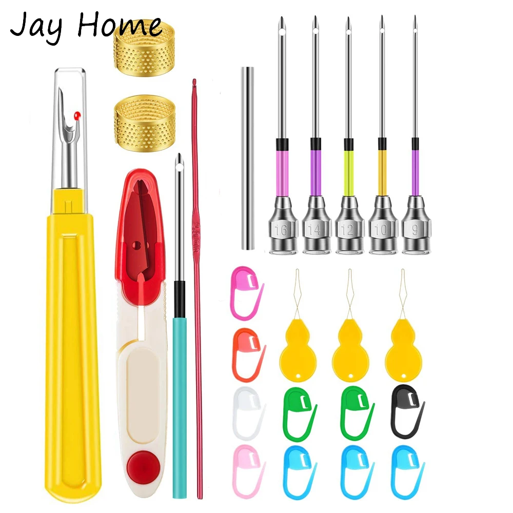 

52PCS Embroidery Kit Punch Needle Sets & Seam Ripper & Yarn Scissors & Needle Threader &Knitting Stitch Markers for Cross Stitch
