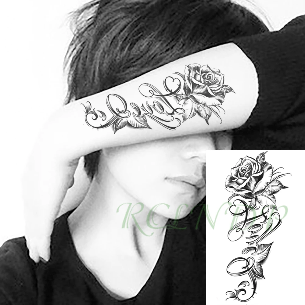 Водостойкая Временная тату-наклейка роза цветок английское слово LOVE Ele men t