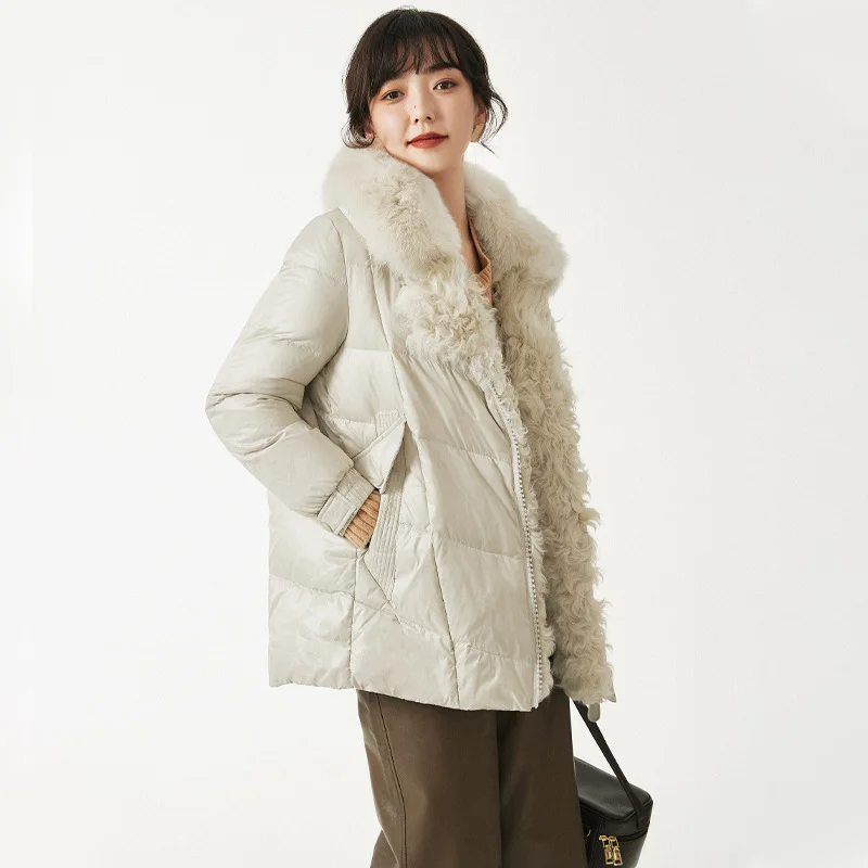 Fur Collar 2021 New Fox Patchwork Wool Coat warm thick Female 90% White Duck Down Zipper Winter Jacket Women