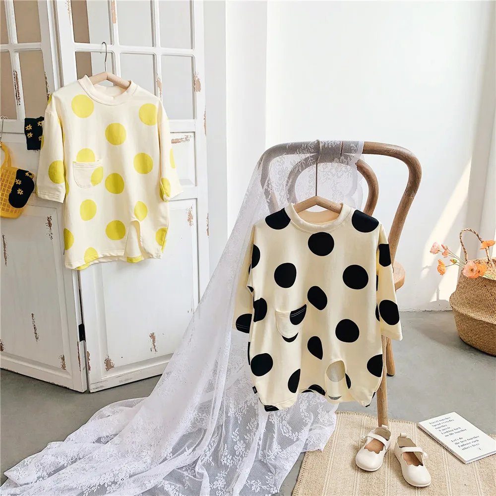 

2021 Autumn Girls Polka Dot Print Long Sleeve A Line Fashion Princess Dresses Toddler Children Cotton Sweatshirt Dresses T Shirt