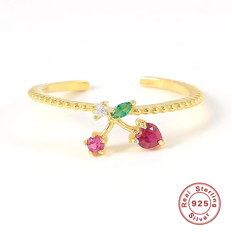 

MC 100% Real 925 Sterling Silver Finger Rings New 18K Gold Plated Fruit Opening Ring Cherry Grape Banana Apple Lemon Adjustable