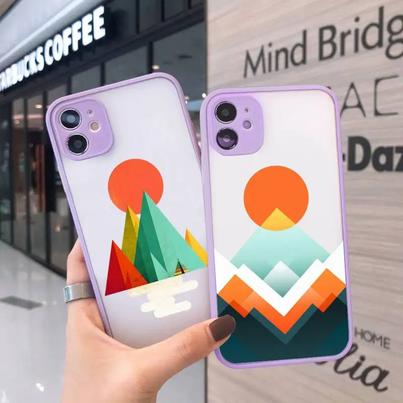 

Art painting Mountain sun print Phone Case For iPhone 12 11 Mini Pro XR XS Max 7 8 Plus X Matte transparent Purple Back Cover