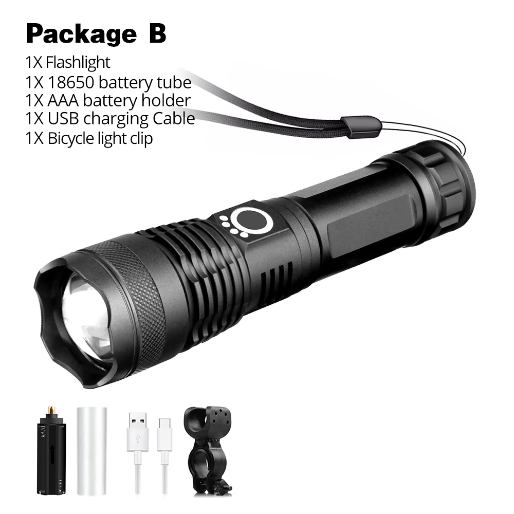 Package B XHP50 Светодиодный велосипедный фонарик 5 режим USB зарядки телескопический зум с использованием 18650 или 26650 - Цвет: Package B