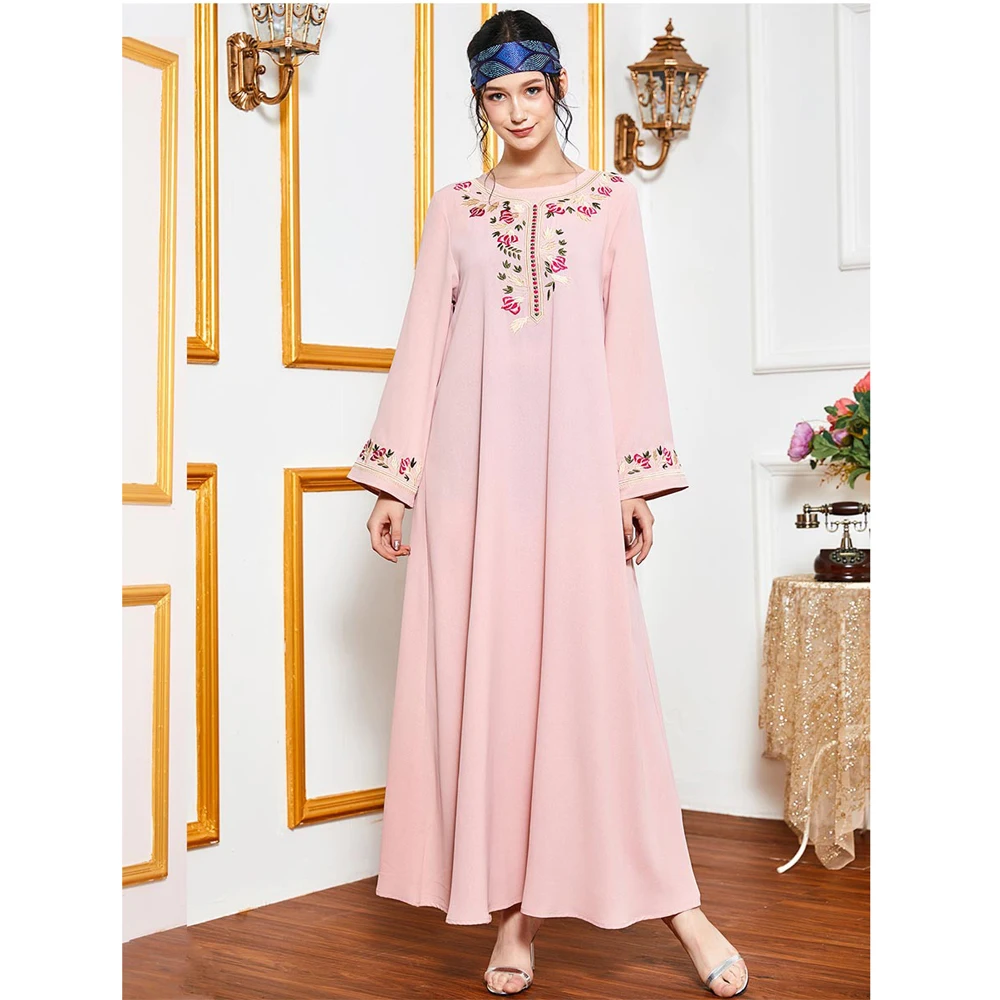 

Muslim Embroidery Long Dress Abaya Long Sleeve Maxi Robe Elegant Arab Jilbab Ramadan Islamic Dubai Middle East Casual Plus Size
