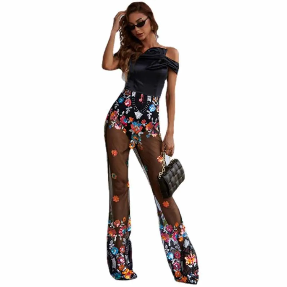 Cultiseed Women Female Sexy Sweet Strapless Off The Shoulder Patchwork Perspective Embroidery Floral Mesh Pant Jumpsuits Rompers