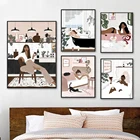 Модный женский постер на холсте для ванны, питья вина, абстрактная картина, Скандинавская Настенная картина для девушки, спальни, ванной комнаты, Декор