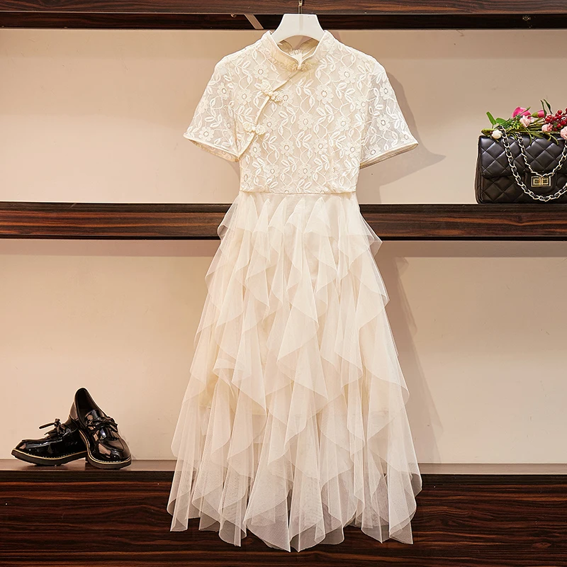 Plus Size Elegant Lace Cheongsam Crochet Party Dress Women Summer Bodycon Fit Flare Layer Ruffle Irregular Mesh Midi Dresses 5XL
