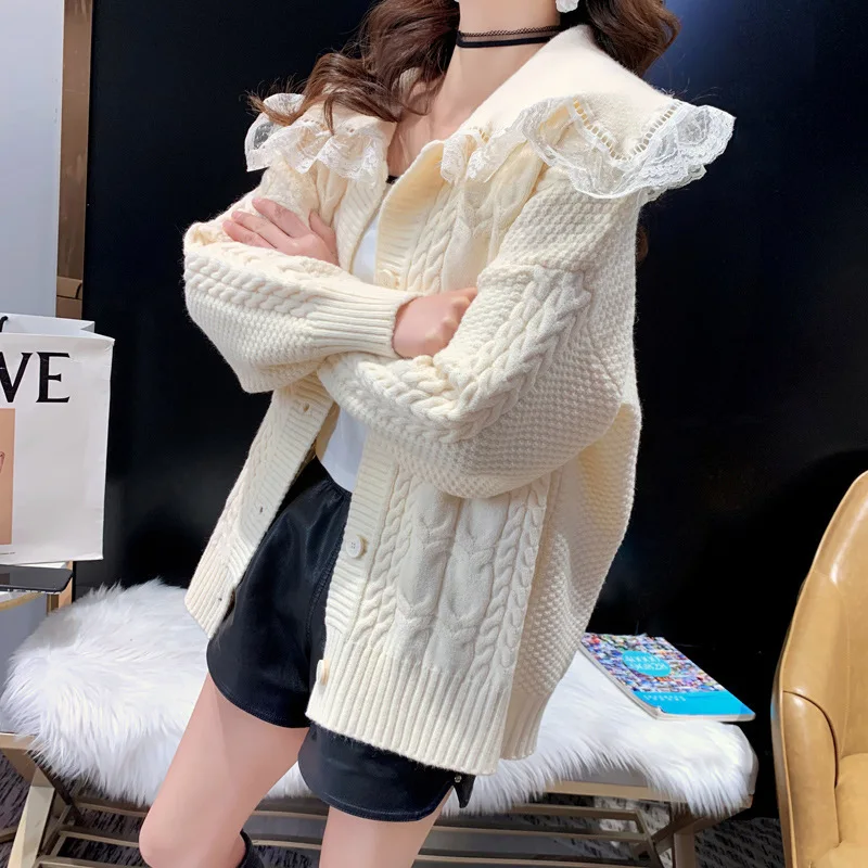 

Peter Pan Collar Lace Cardigan Sweater Women 2021 New Autumn Winter Sweet Korean Fashion Coat Outwear Ruffle Sweaters H228