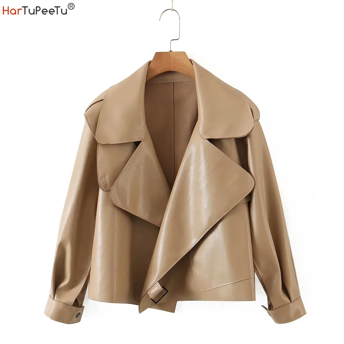 Womens Brown Faux Leather Jacket Loose Short Coat Jacket Spring Autumn Elegant Turn Down Collar Fall PU Outwear