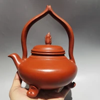 8chinese yixing zisha pottery hand carved three legged handle pot lotus kettle red mud teapot pot tea maker office ornaments