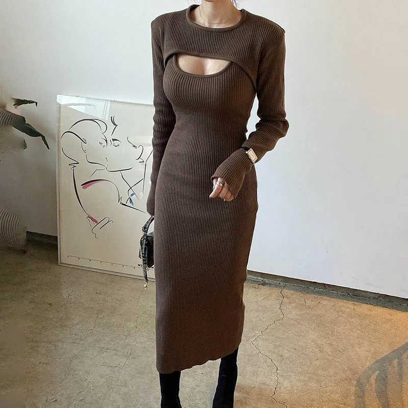 

High Street Hollow Out Solid Knitted Dress Set Women Sexy O-neck Long Sleeve Dress Set Female Slim Party Dress Suit