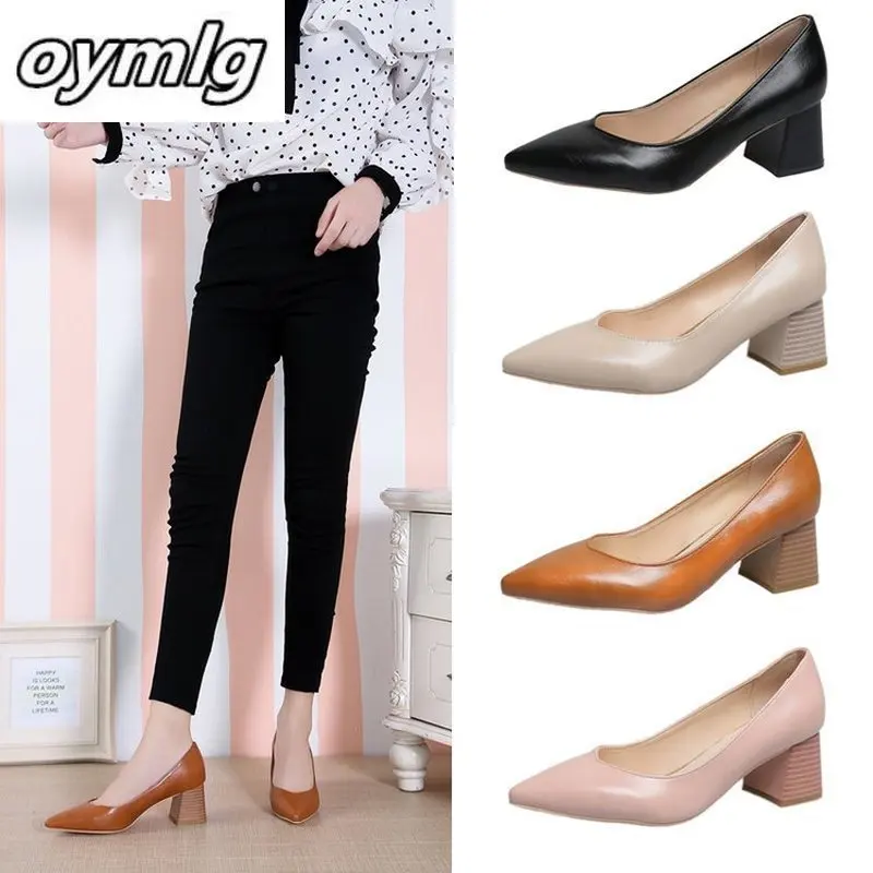 Осень весна Женские туфли лодочки на среднем квадратном каблуке Острый мысок