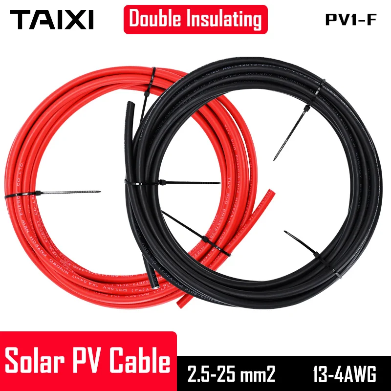 

Solar PV Cable PV1-F DC Wire 4/6/8/10/12/13 AWG 2.5/4/6/10/16/25 mm2 Red Black Mult Core 20m 50m 100m Length New Energy System