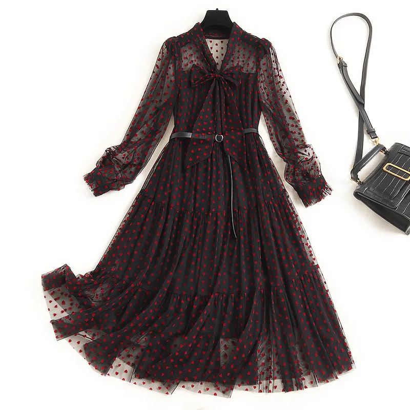 Новинка 2020 Осеннее женское черное Сетчатое сексуальное платье с бантом и