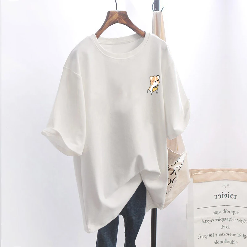 

Cartoon Graphic Tee White Pink Casual Loose Woman Tshirts Short Sleeve Oversized Ladies Tops Long 2021 Fashion Summer Clothing