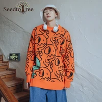 mens sweater korean ins cartoons printing pattern sweater loose lazy round neck couple outfit pullover